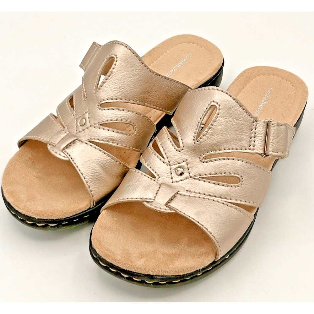 Croft & Barrow Silver Metallic Slip On Sandals Adjustable Hook Loop 8M